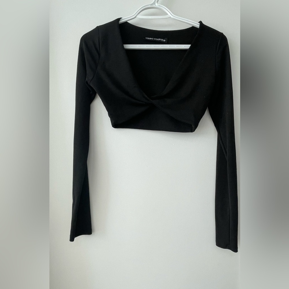 Naked Wardrobe Black Twist Front Long Sleeve Crop Top - size M
